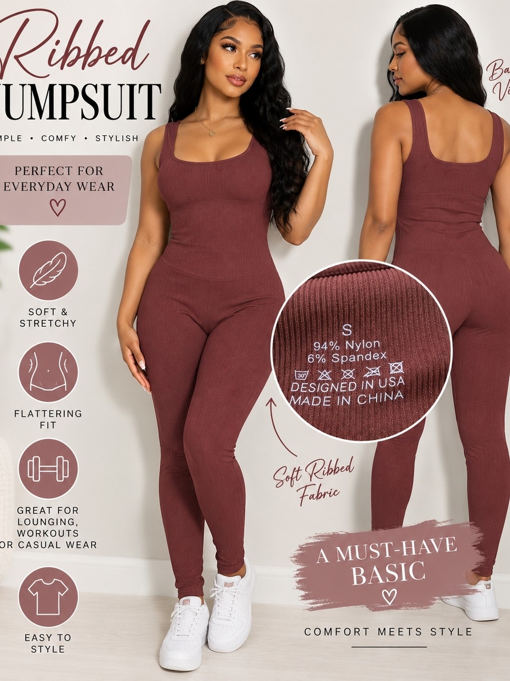 Square-Neck Sleeveless Jumpsuit in Deep Wine